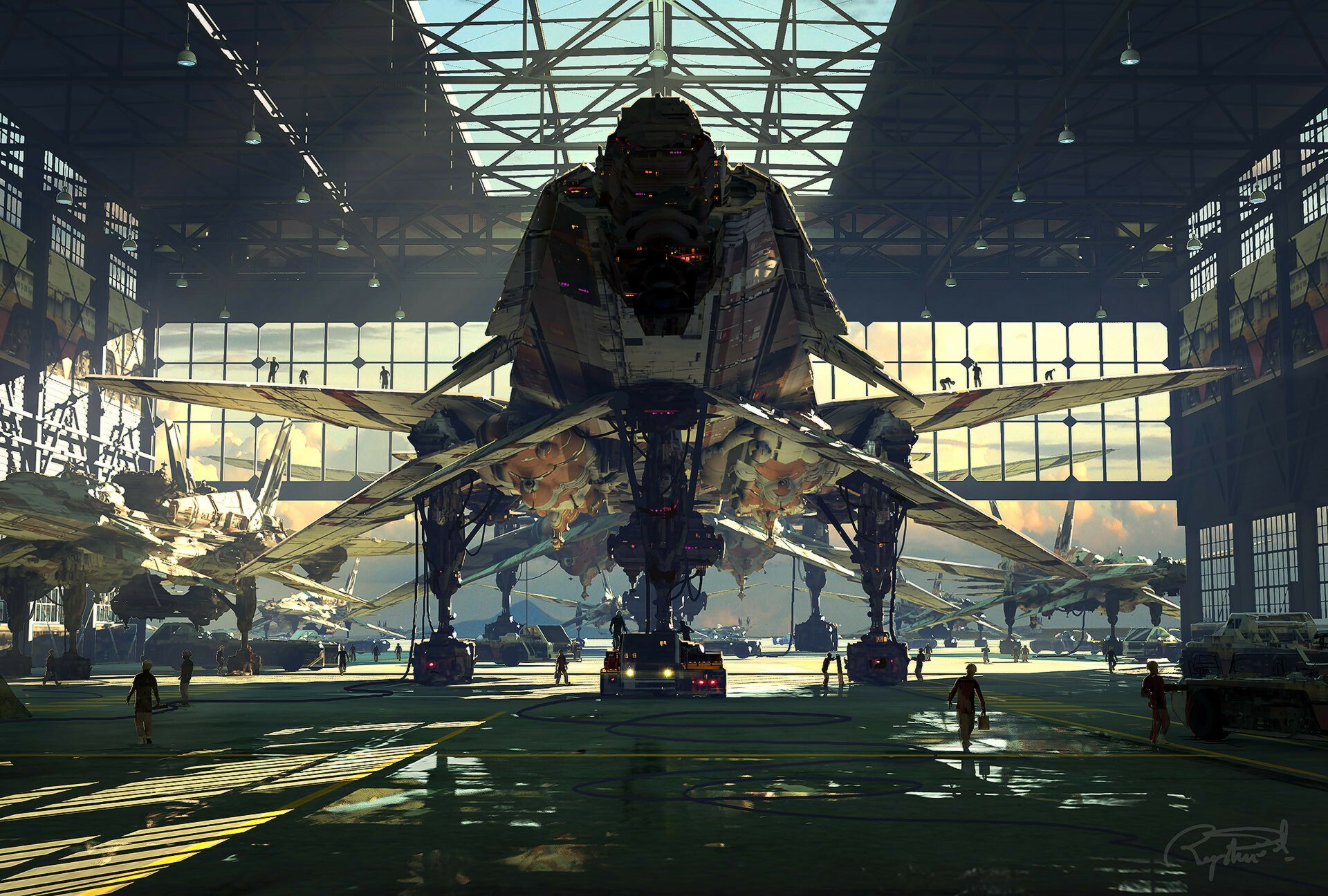 Massive futuristic sci‑fi spaceship dominates a sunlit hangar, technicians and service vehicles dwarfed beneath it — HD PC desktop wallpaper/background with dramatic industrial scale and detail.