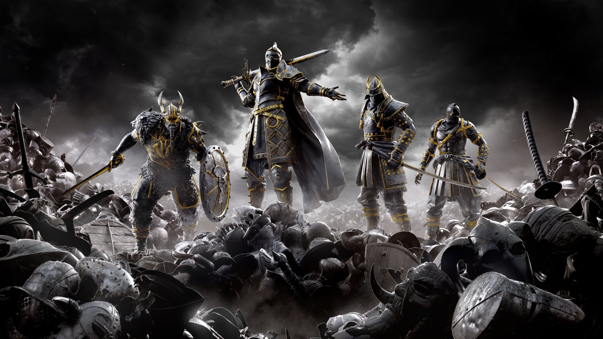 For Honor video game 8K Ultra HD PC desktop wallpaper: four armored warriors stand atop a battlefield of fallen soldiers beneath stormy, smoke-filled skies.