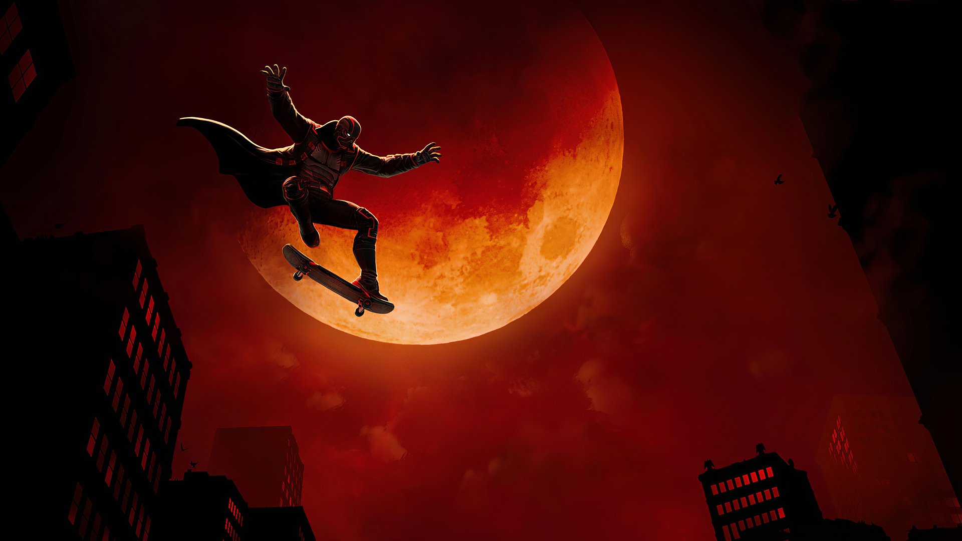 Spider-Man from MARVEL Contest of Champions on a skateboard, silhouetted leaping before a massive red moon above a city — 4K Ultra HD PC desktop wallpaper.