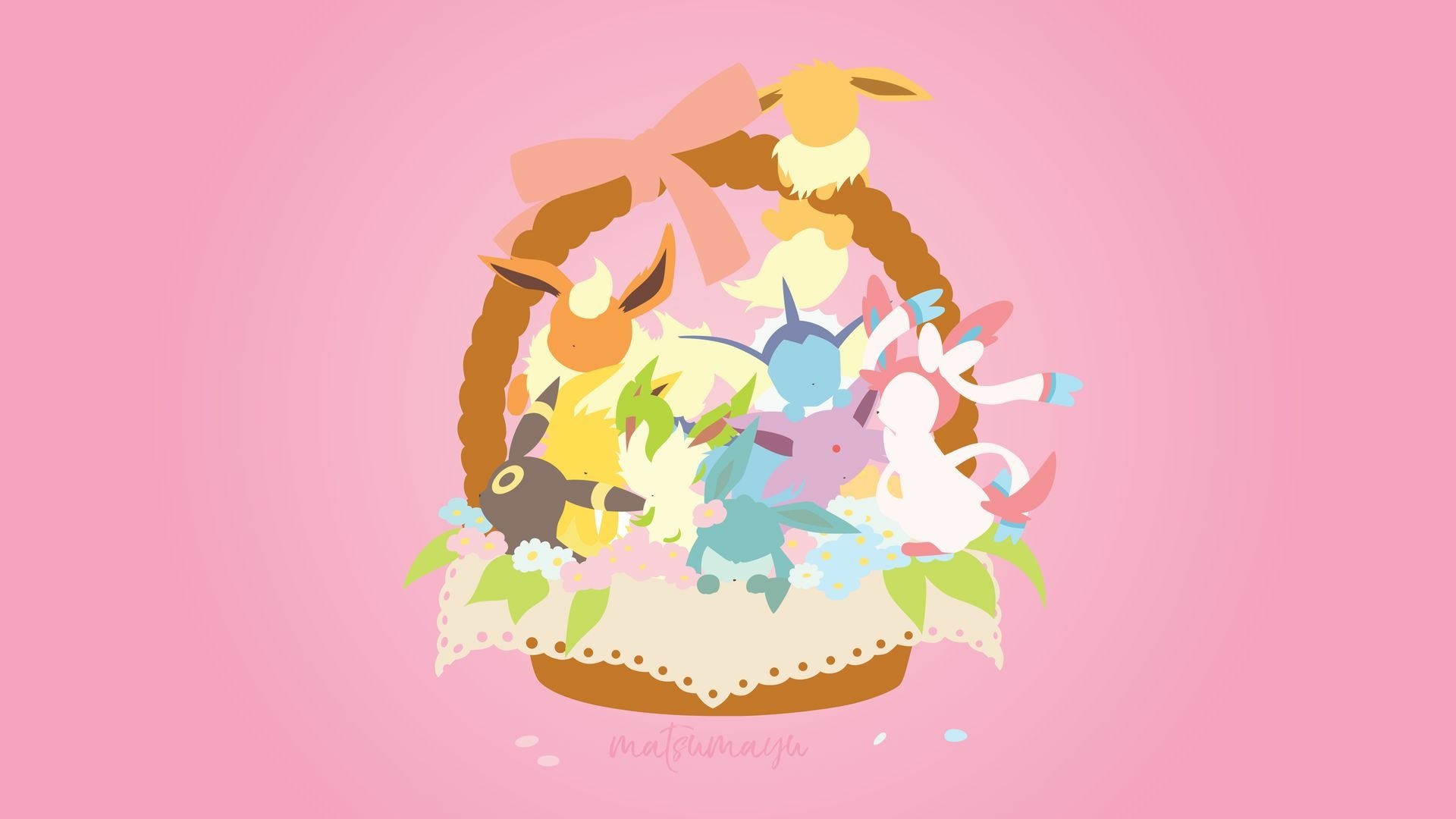 HD anime-style PC wallpaper featuring Eevee and its eight Eeveelutions—Jolteon, Vaporeon, Flareon, Sylveon, Umbreon, Leafeon, and Espeon—against a pink background.
