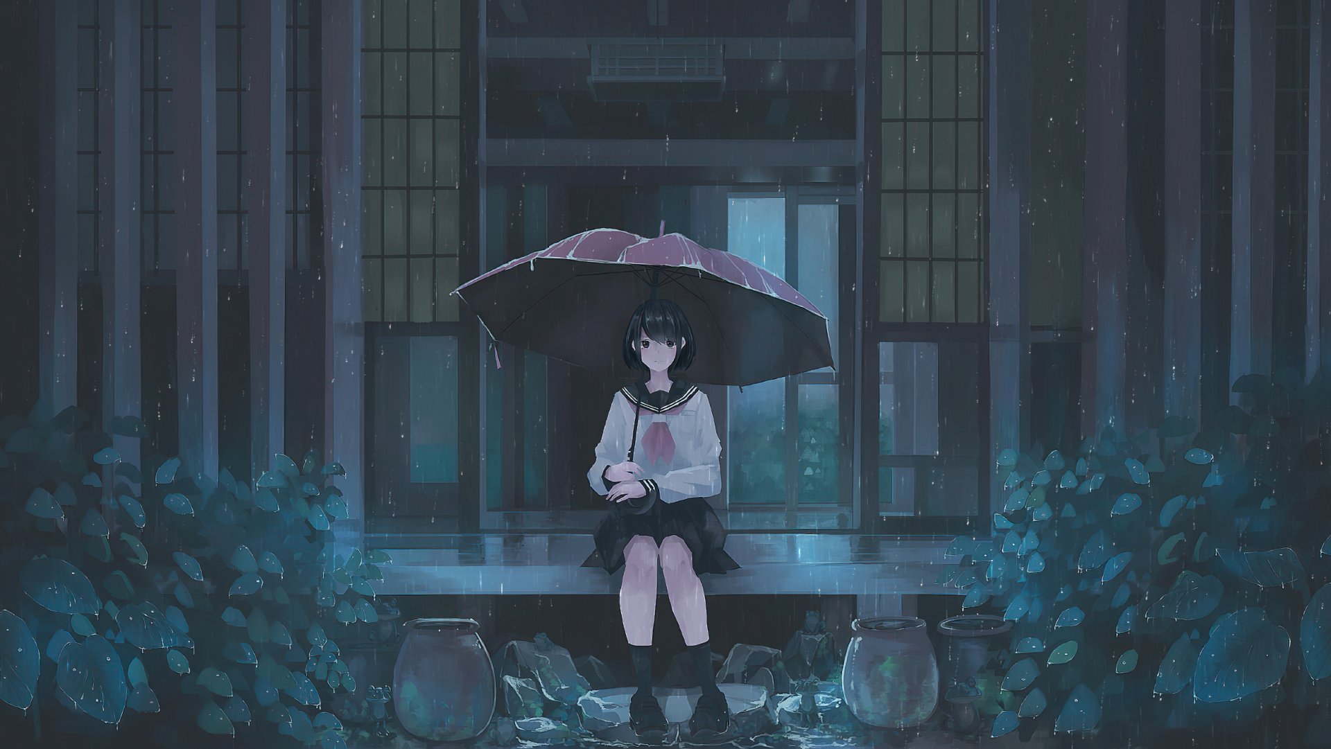 Anime depiction of a girl with short black hair sitting on a porch, holding an umbrella in the rain. The serene scene is set against a traditional building, surrounded by greenery. HD wallpaper background.