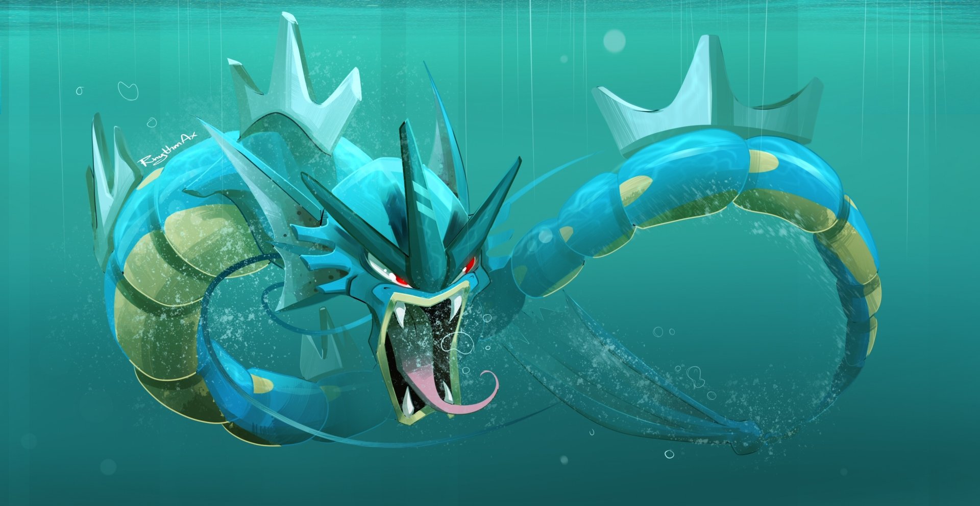 HD PC desktop wallpaper featuring Gyarados, the fierce Water/Flying-type Pokémon, depicted in an intense underwater scene from the anime Pokémon.