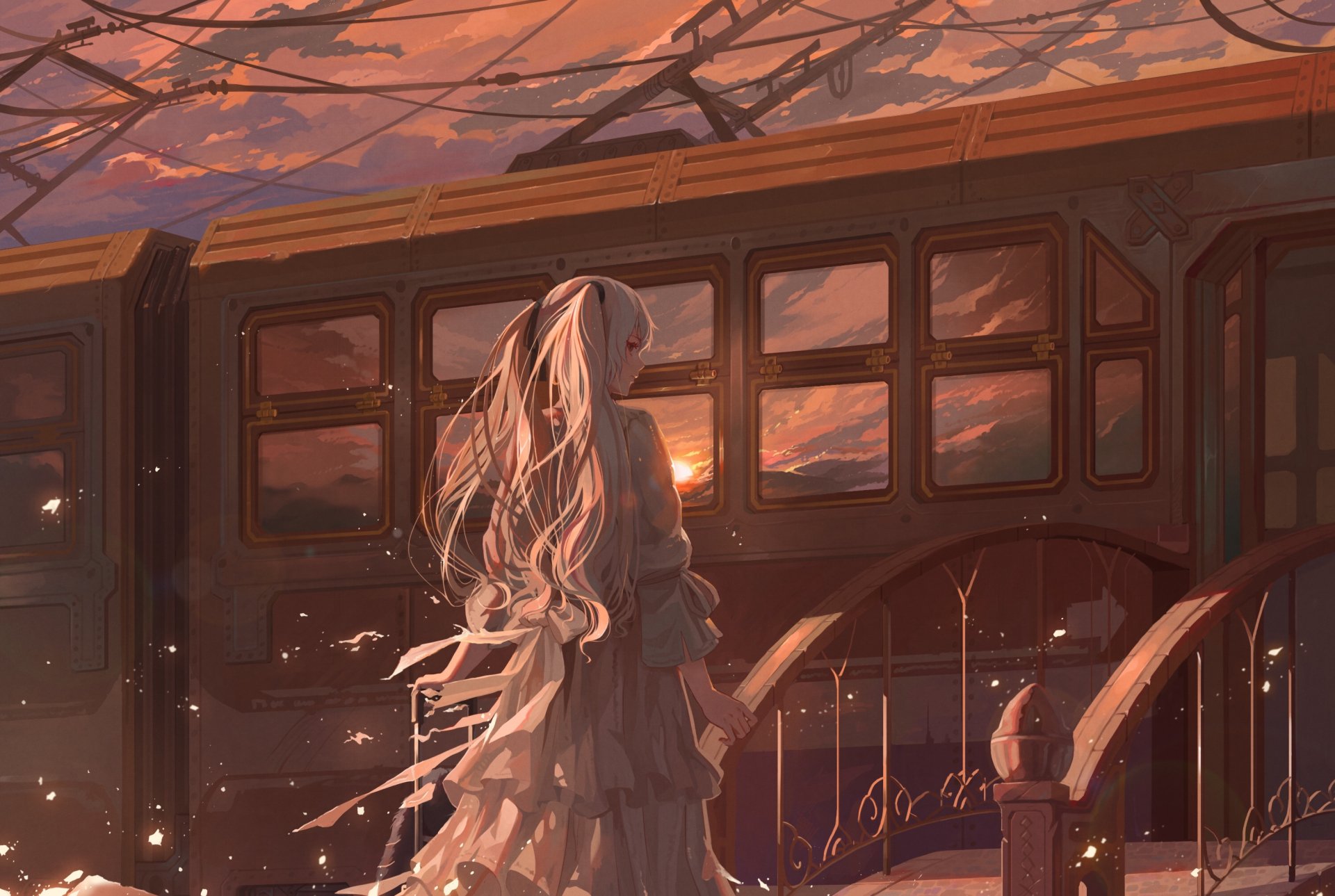 Anime-style HD desktop wallpaper featuring an original character with long flowing hair standing beside a vintage train at sunset.