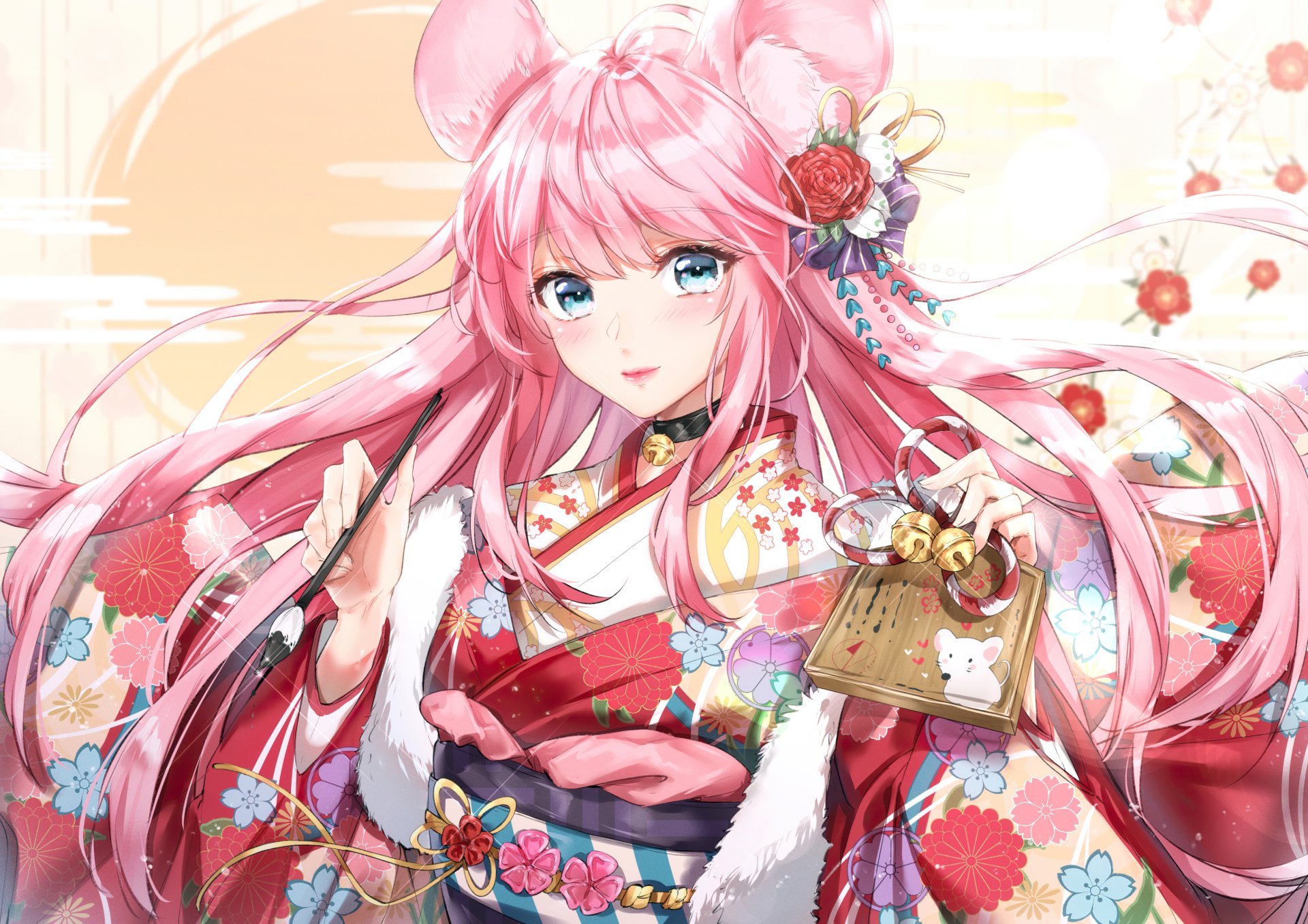 Anime-style original character with long pink hair and blue eyes wearing a colorful kimono, set against a soft pastel background, presented as an HD PC desktop wallpaper.