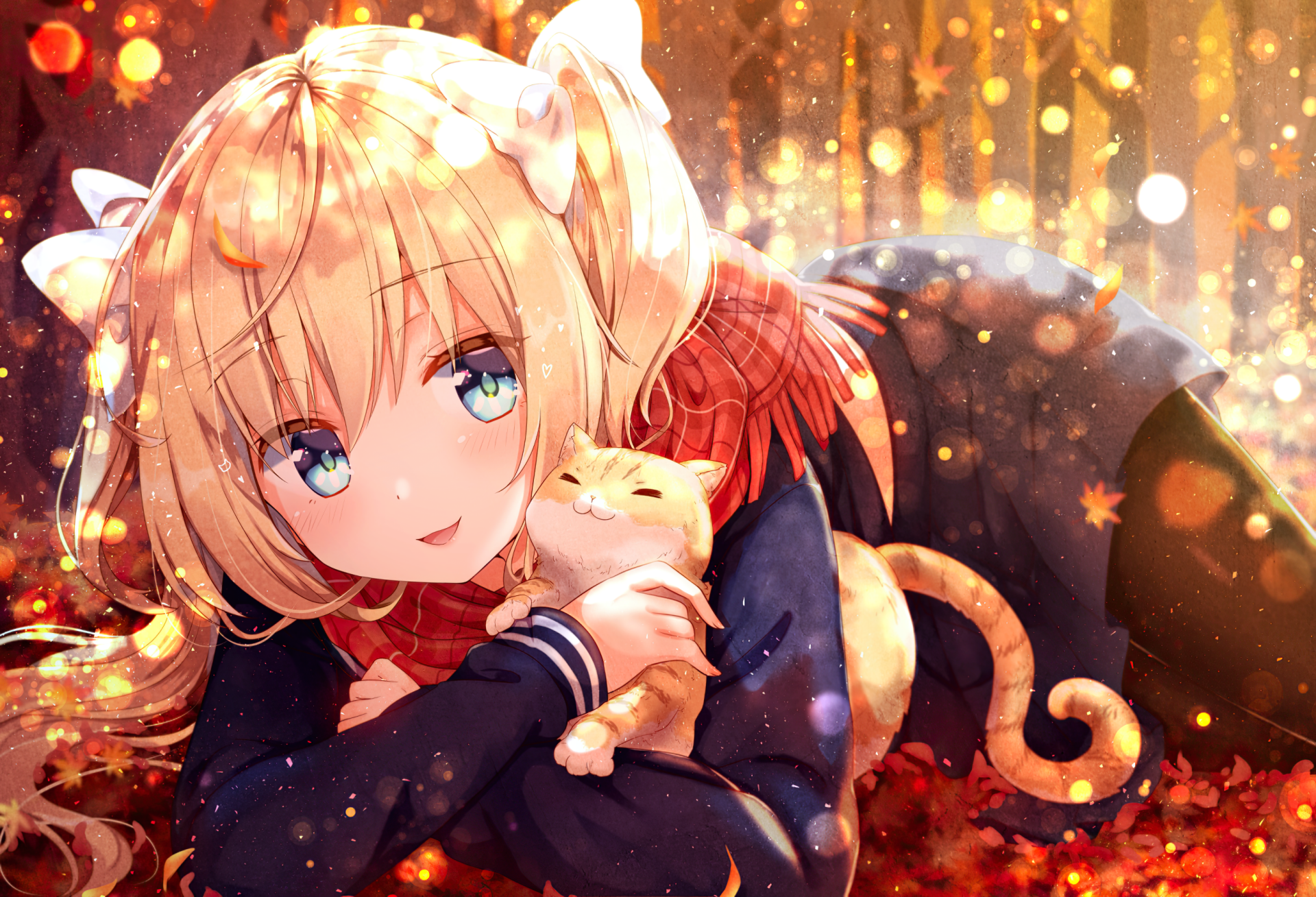 HD anime original artwork of a girl with blonde hair and blue eyes, hugging an orange cat amidst glowing autumn leaves, designed as a PC desktop wallpaper.