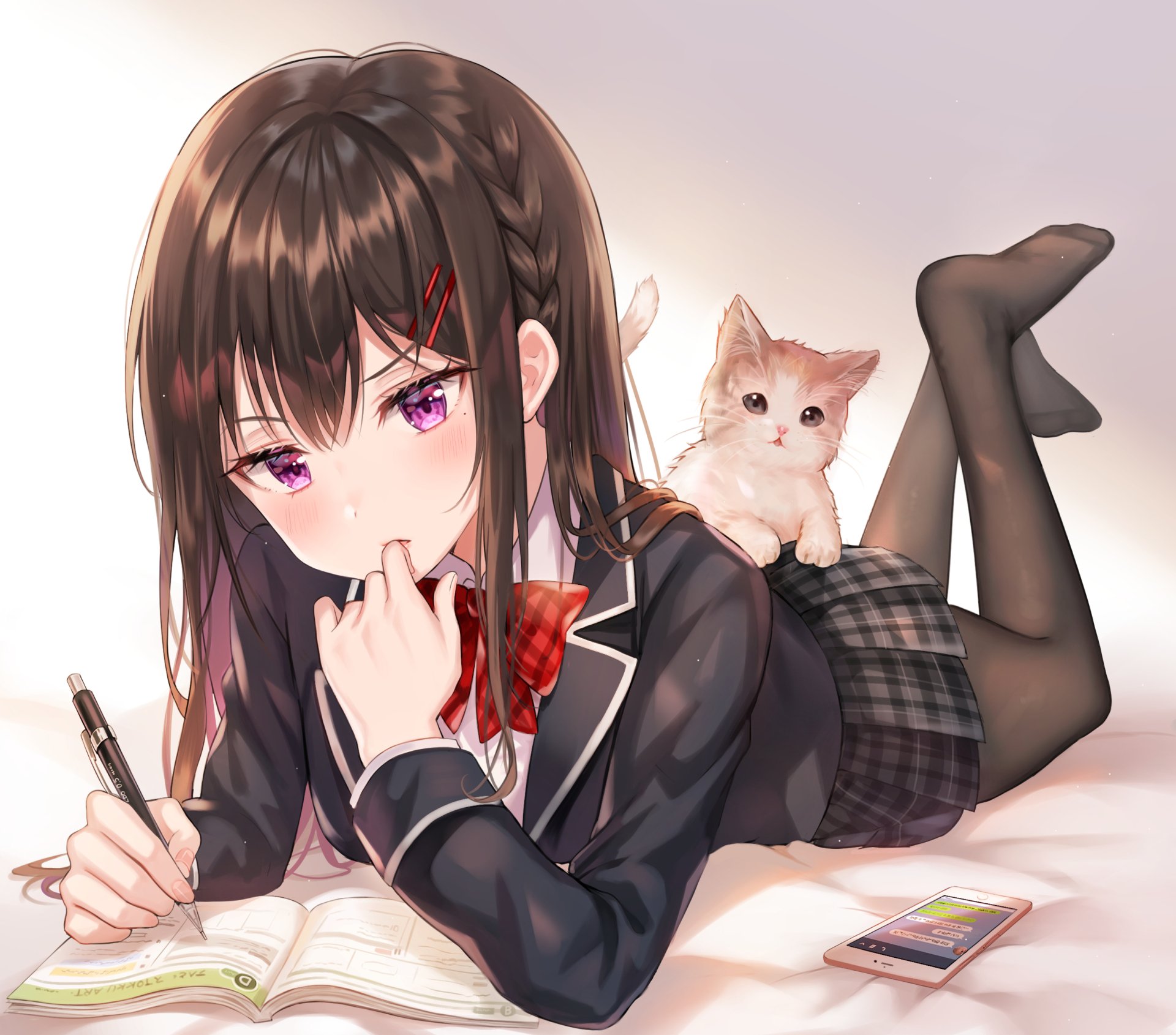 HD desktop wallpaper featuring an anime girl with black hair in a uniform, lying down with a pen, and a cat resting on her back. The background is soft and blurred, highlighting the characters.