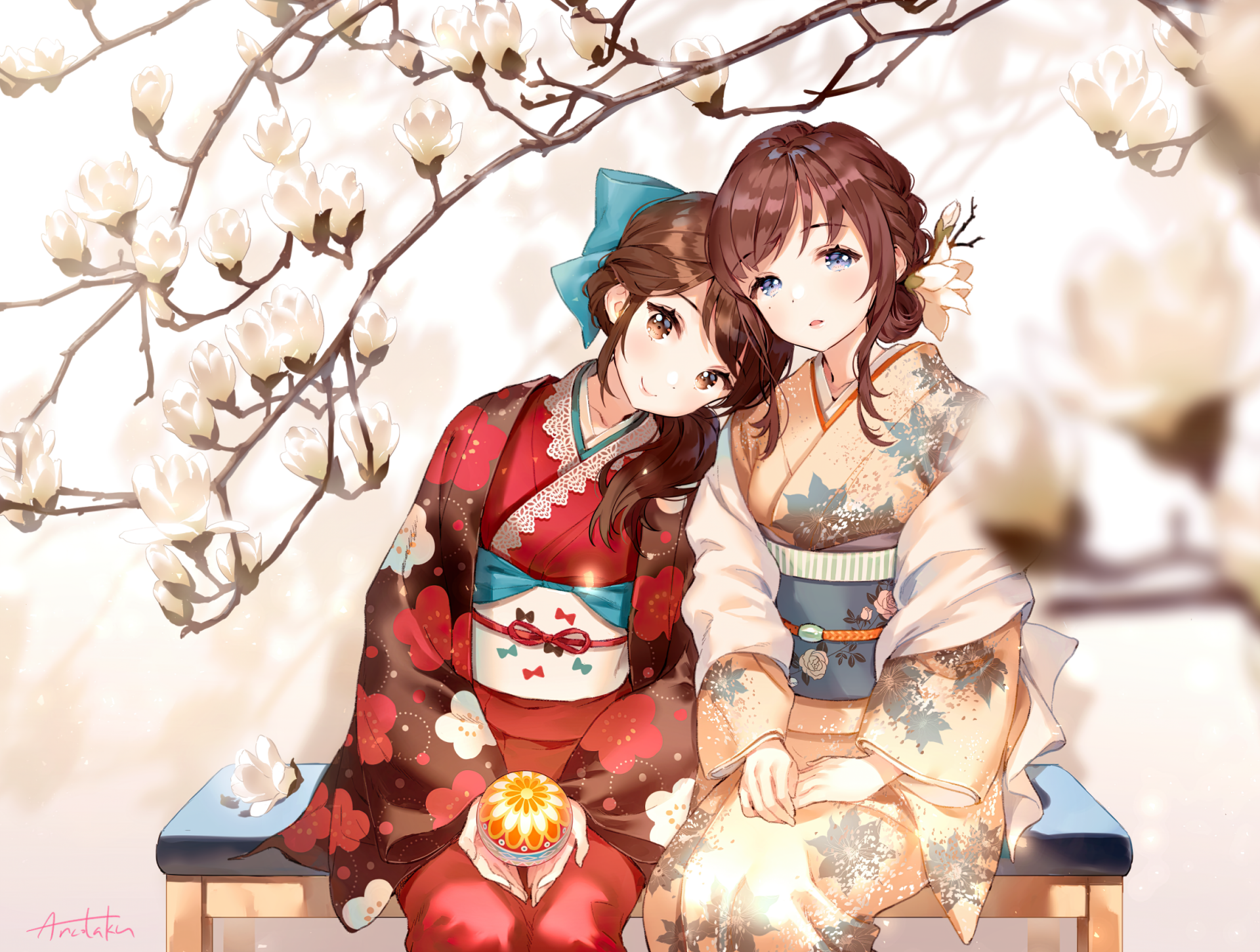 HD anime desktop wallpaper featuring two geisha in traditional kimonos sitting beneath blooming cherry blossoms, blending serene beauty and detailed artistry.