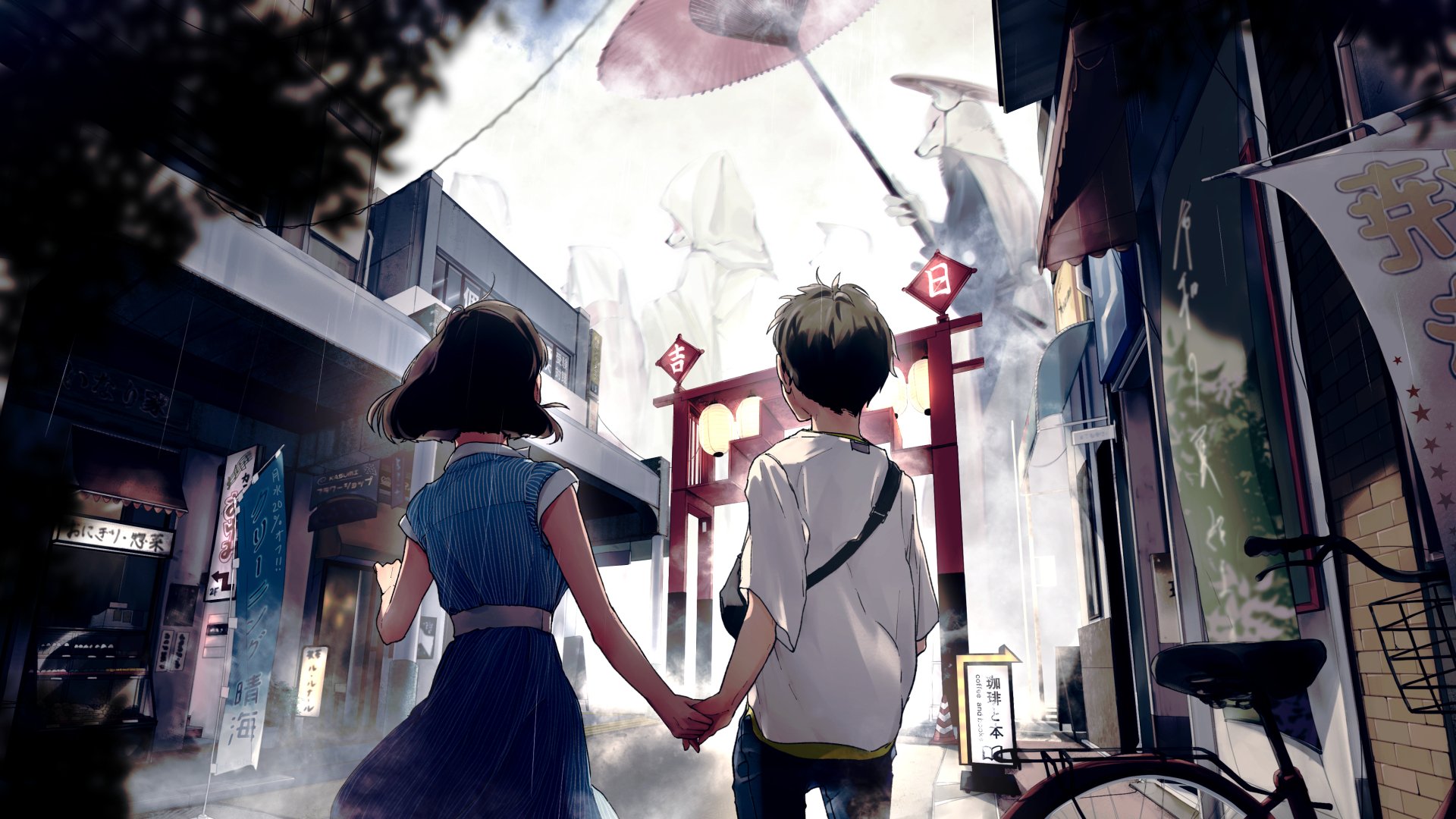 Anime couple holding hands walking through a vibrant street scene, captured as a 4K Ultra HD PC desktop wallpaper and background.