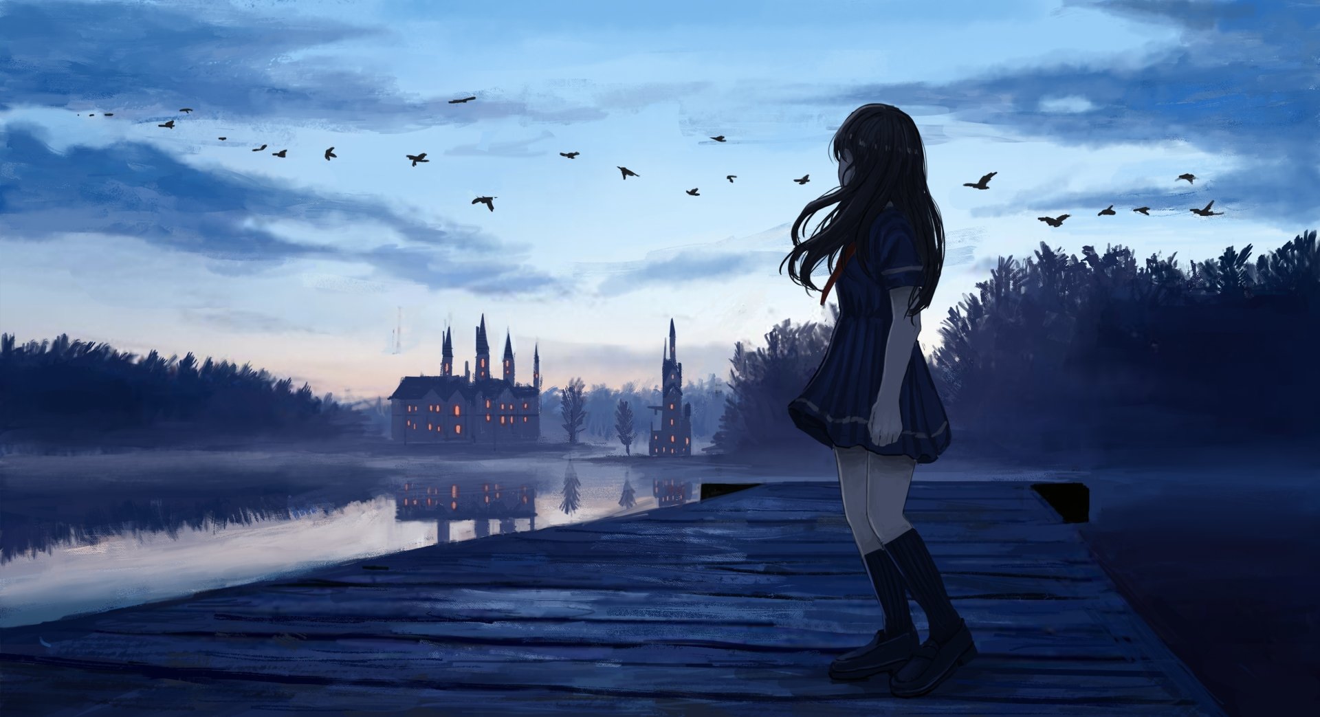 An anime girl with long hair stands at the edge of a pier during the evening, overlooking a serene lake with a distant building and birds flying in the sky. HD desktop wallpaper and background.
