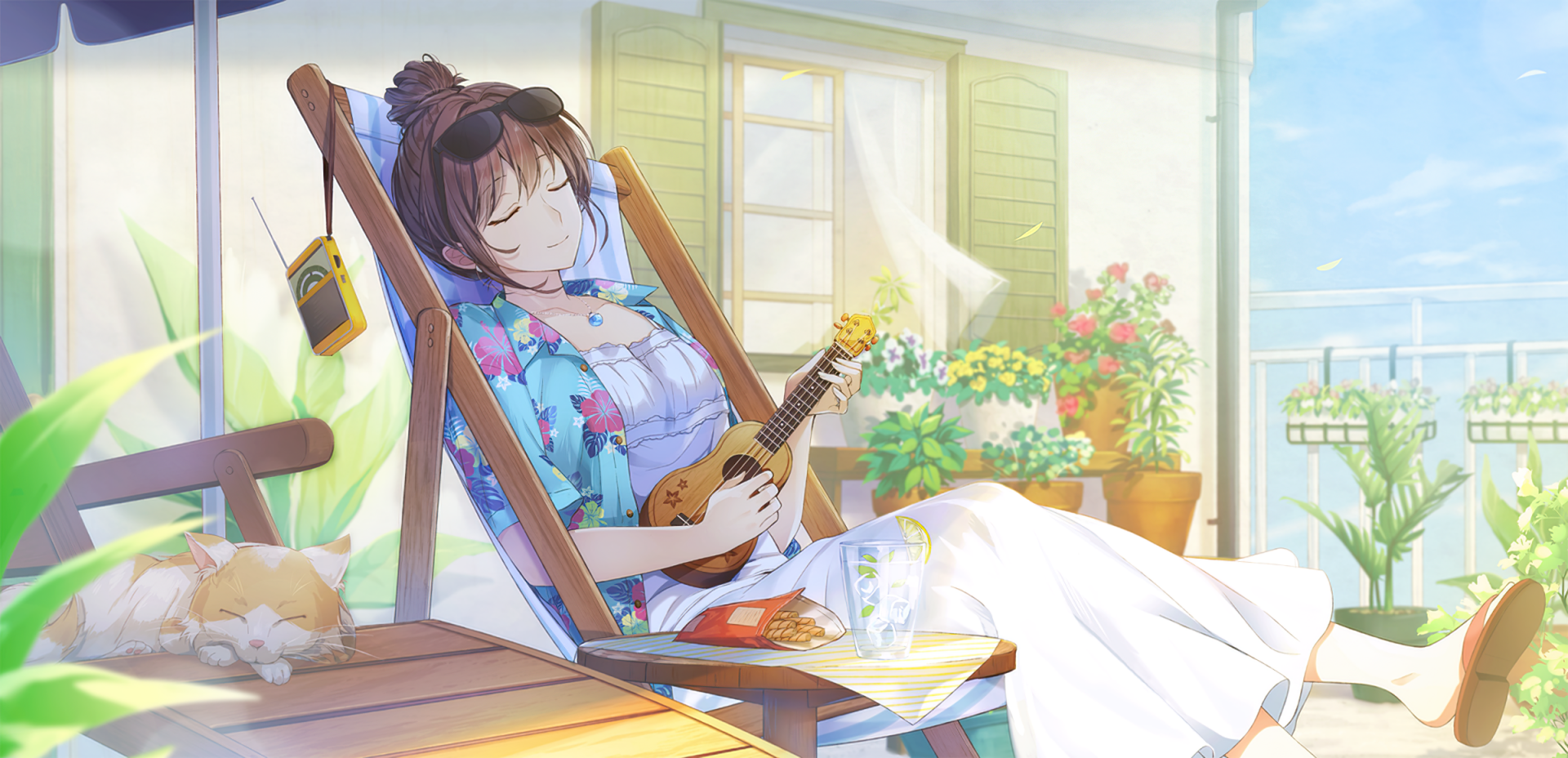 Anime-style original HD PC desktop wallpaper showing a young woman in floral clothes playing a ukulele while relaxing on a sunlit porch with a sleeping cat nearby.
