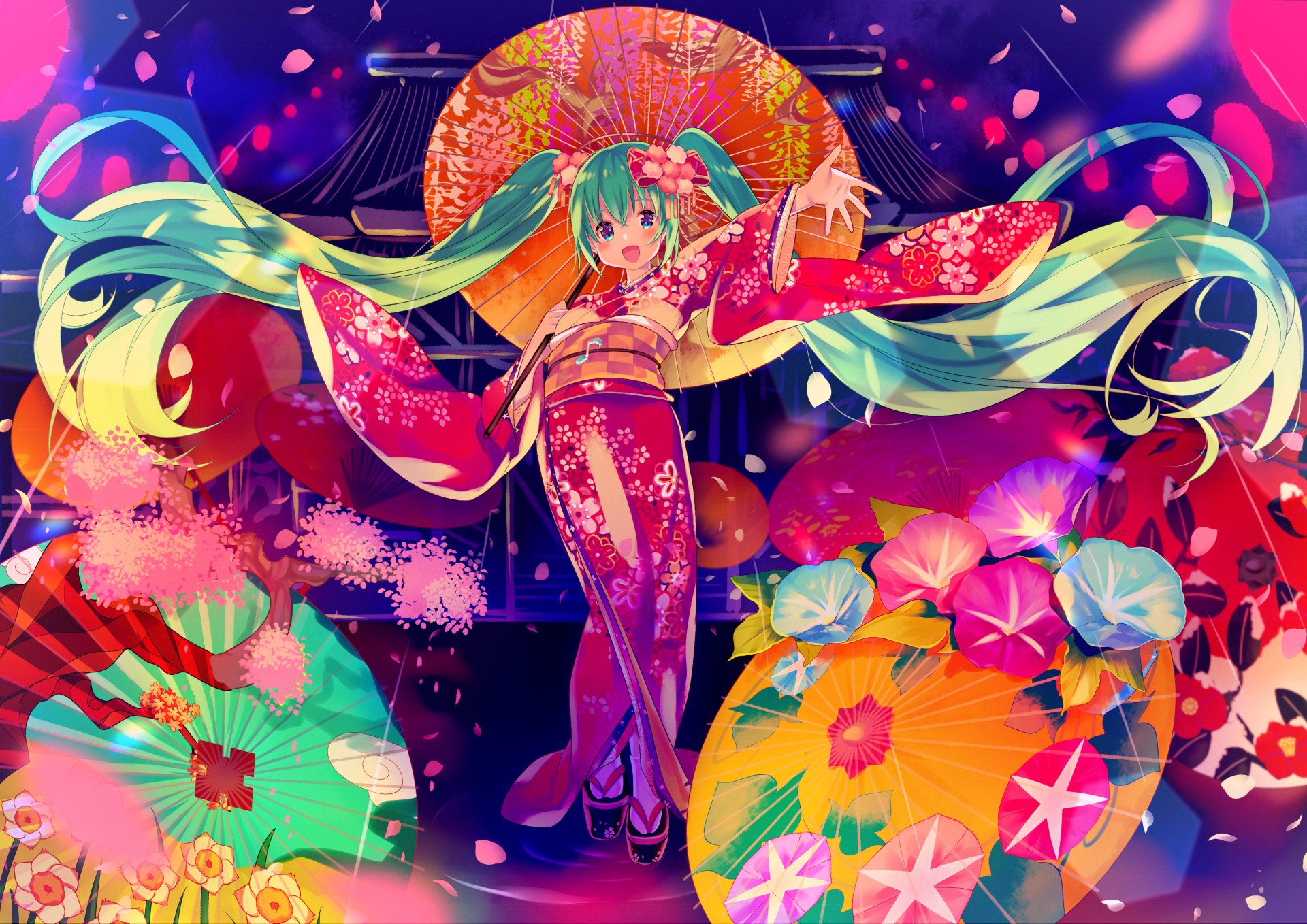 Vivid anime Hatsune Miku in a floral kimono, teal twin-tails flowing among colorful parasols and lanterns — 4K Ultra HD Vocaloid PC desktop wallpaper.