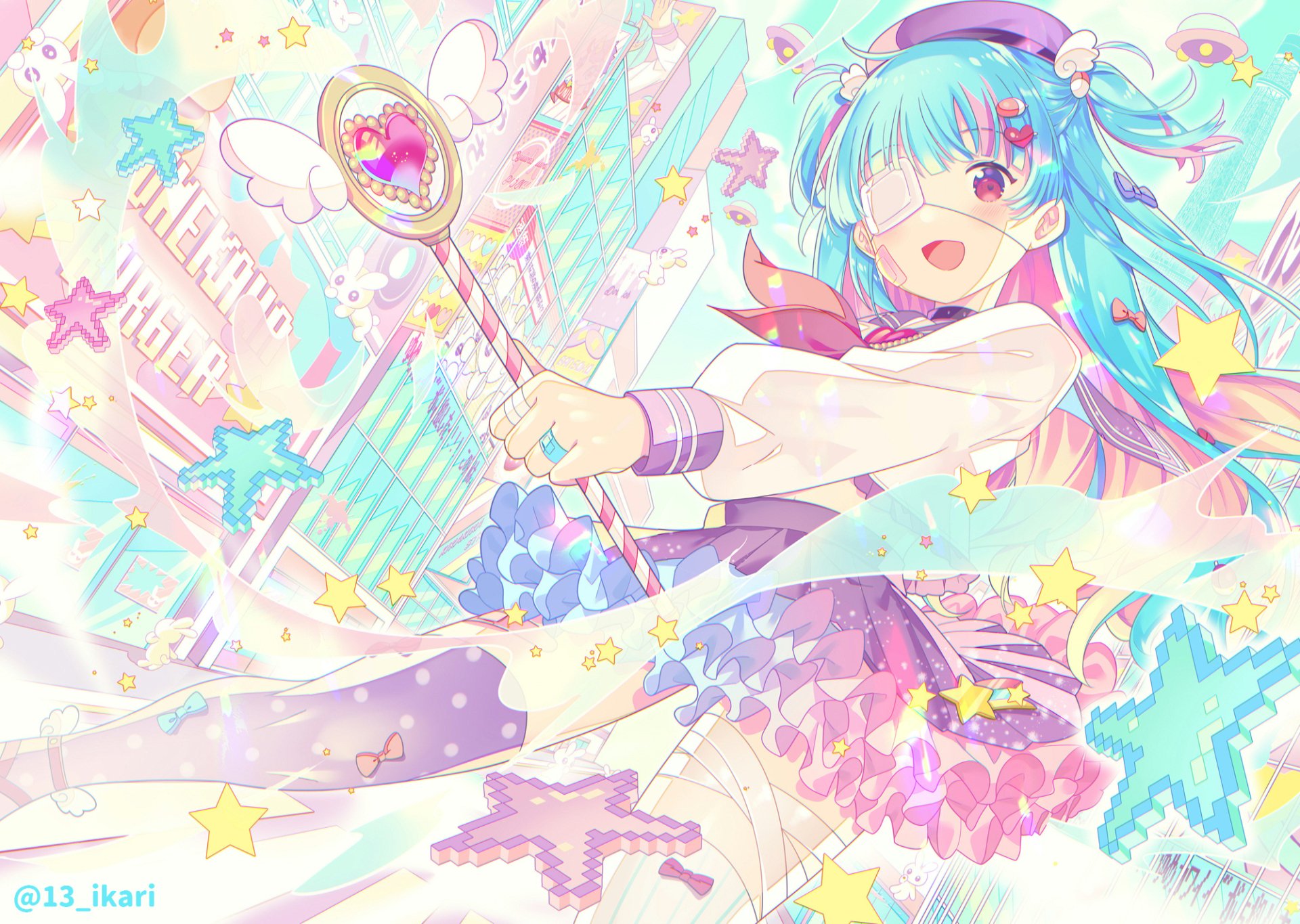 Anime-style original HD PC desktop wallpaper featuring a cheerful blue-haired girl with a magical wand surrounded by colorful stars and vibrant cityscape elements.