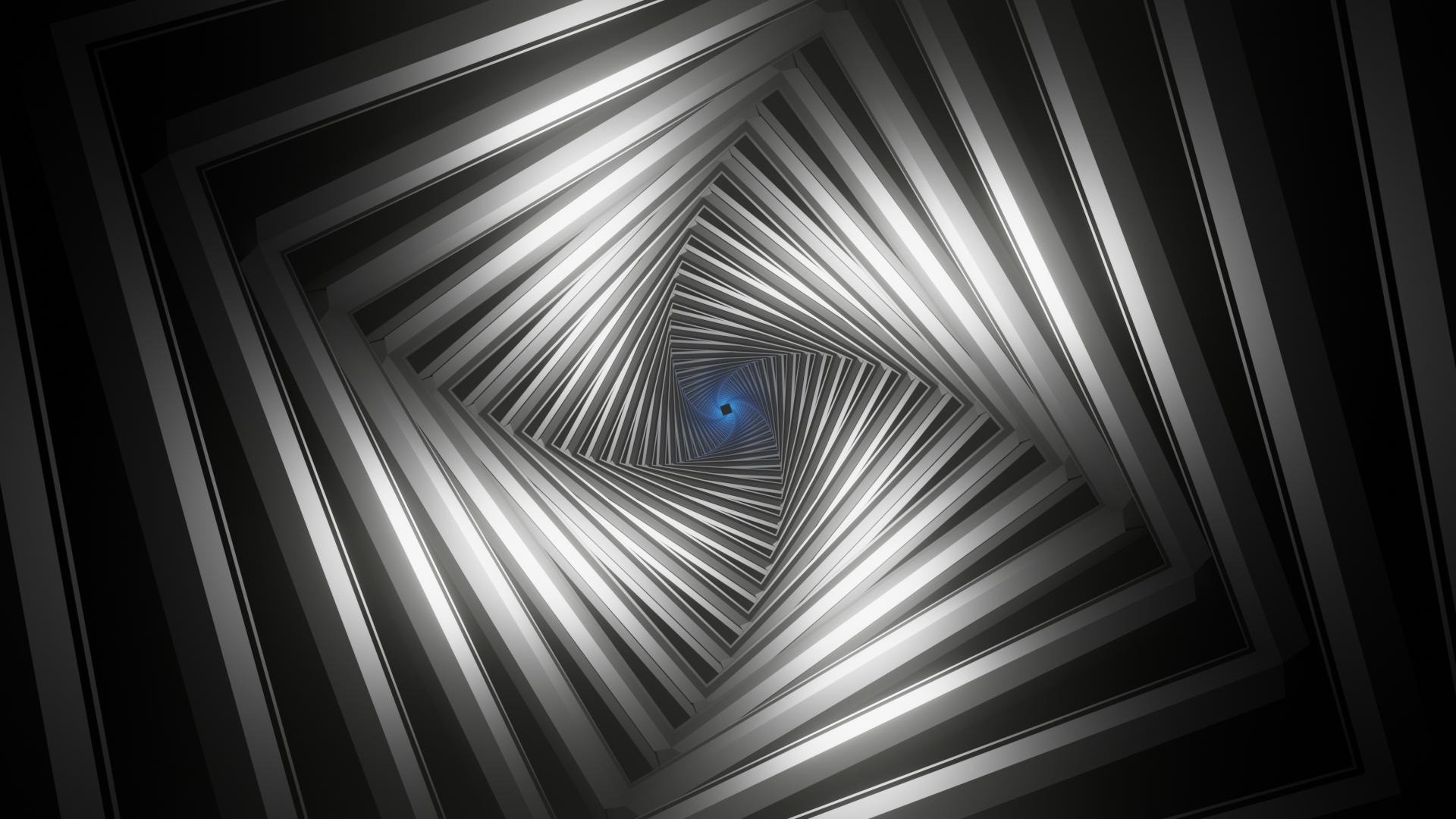 Abstract grayscale spiral of layered concentric squares receding to a small blue center — HD PC desktop wallpaper and background.