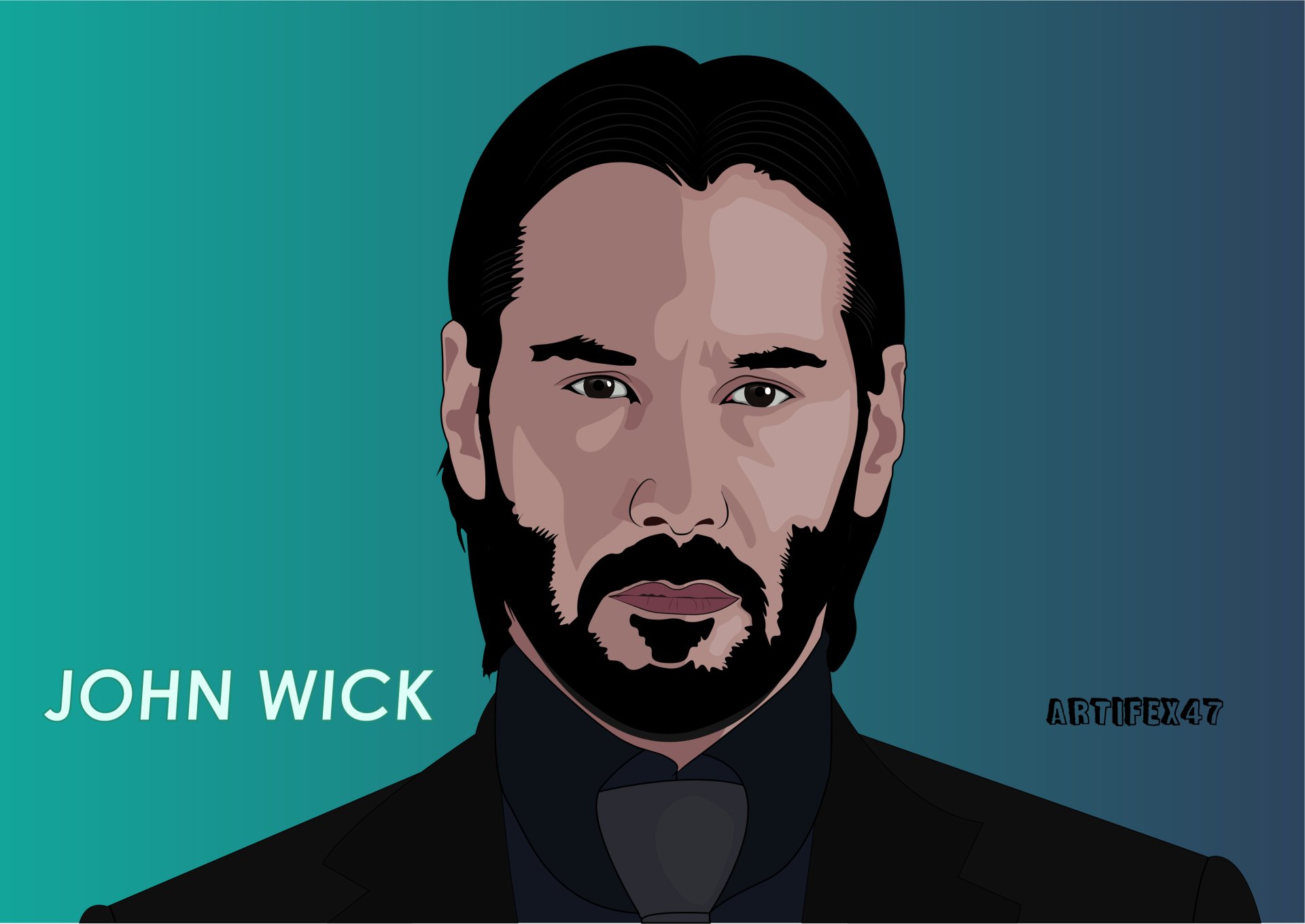 Stylized portrait of the movie character John Wick in a dark suit against a teal gradient, 2K Quad HD PC desktop wallpaper and background.