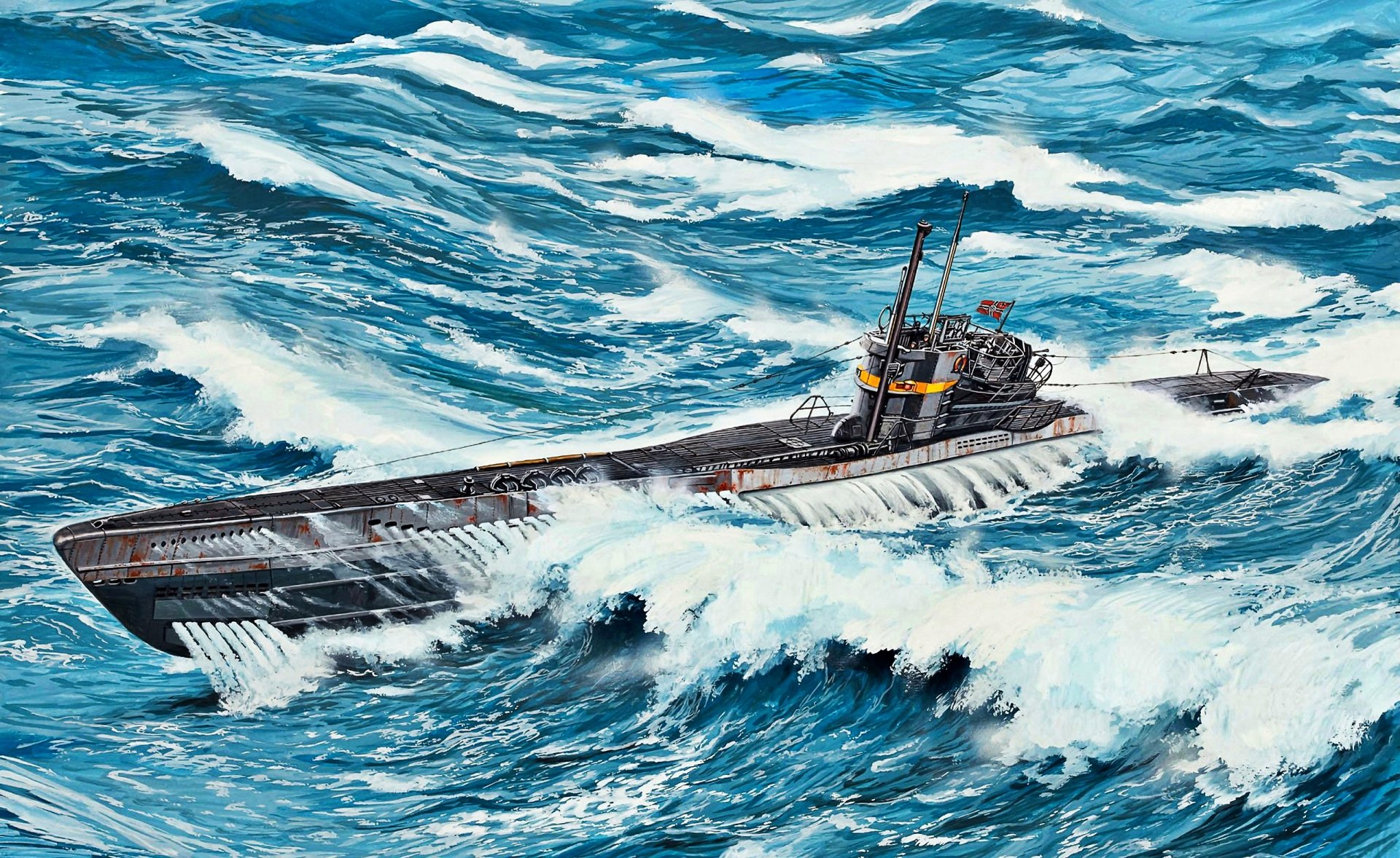 2K Quad HD PC desktop wallpaper/background: military submarine plowing through choppy blue ocean, waves crashing around its hull.