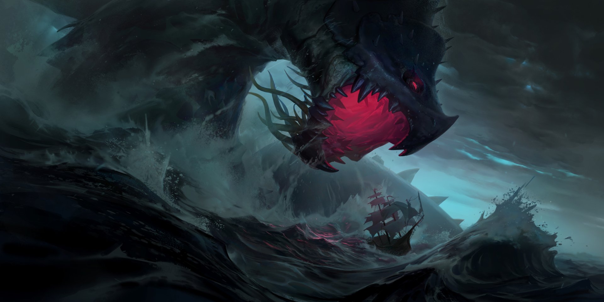 HD PC desktop wallpaper — Bilgewater (League of Legends, Legends of Runeterra): a colossal sea monster with a glowing red maw looms over a lone, storm-tossed ship amid crashing dark waves.