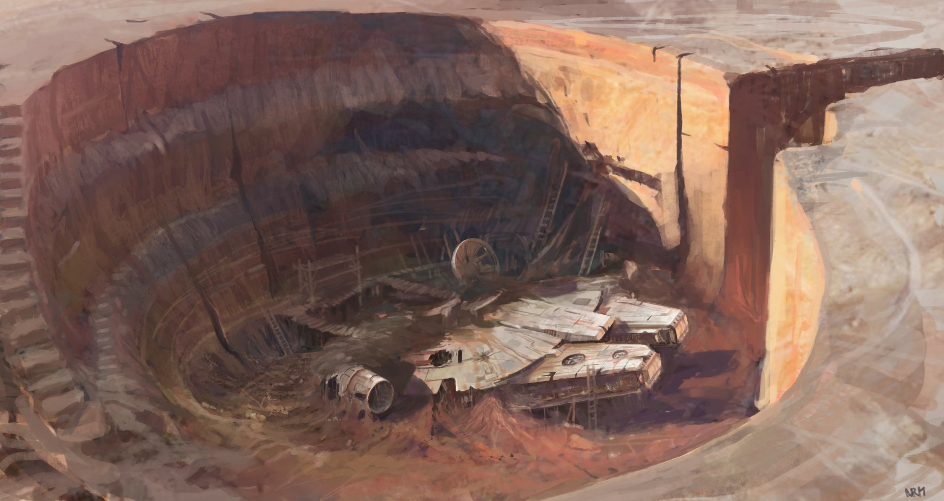 Millennium Falcon wrecked in a desert crater, Sci Fi Star Wars concept art — 2K Quad HD PC desktop wallpaper and background.
