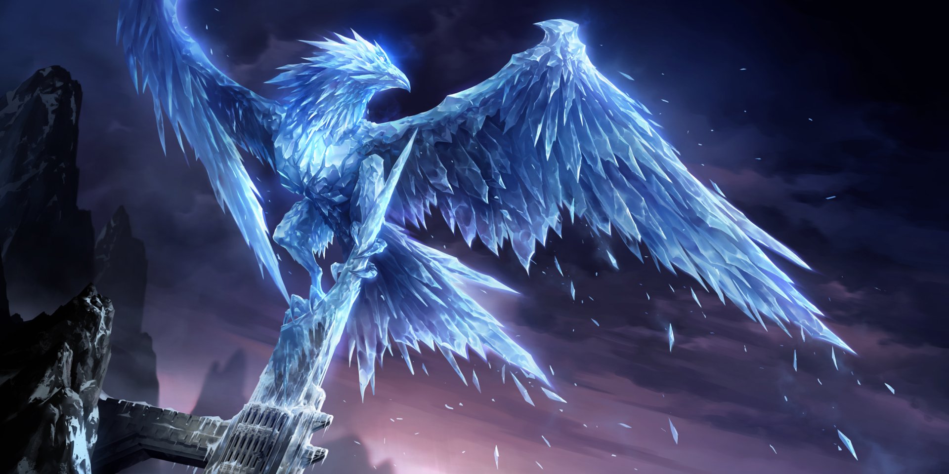 Anivia, the ice phoenix from League of Legends and Legends of Runeterra, soars above ruined spires under a stormy, icy sky — HD PC desktop wallpaper.