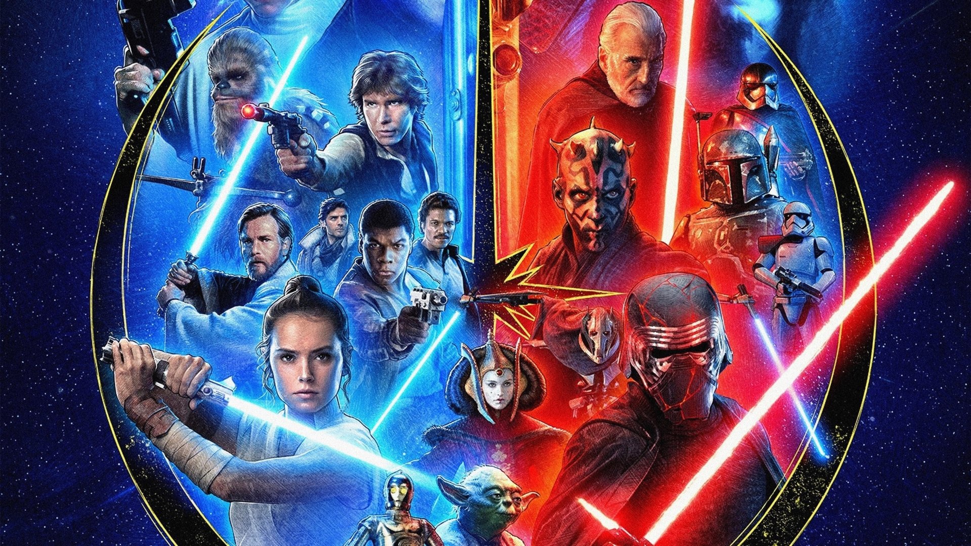 HD PC desktop wallpaper featuring a vibrant Star Wars movie scene with iconic characters wielding lightsabers against a contrasting blue and red background.