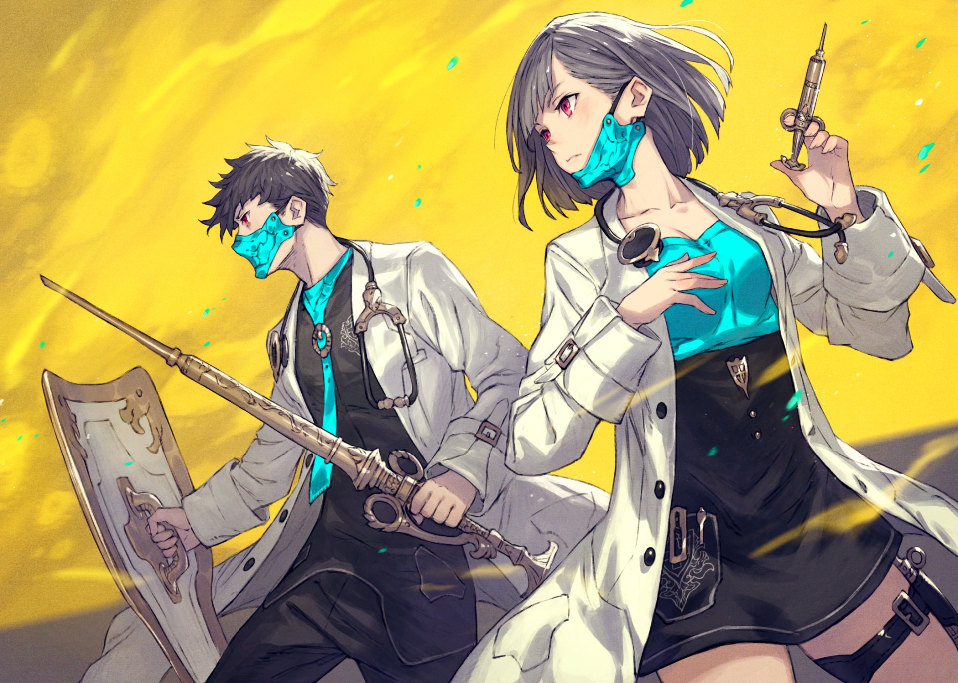 A dynamic anime image featuring two characters in lab coats, armed with weapons, against a vibrant yellow background. This original artwork serves as an engaging HD PC desktop wallpaper.