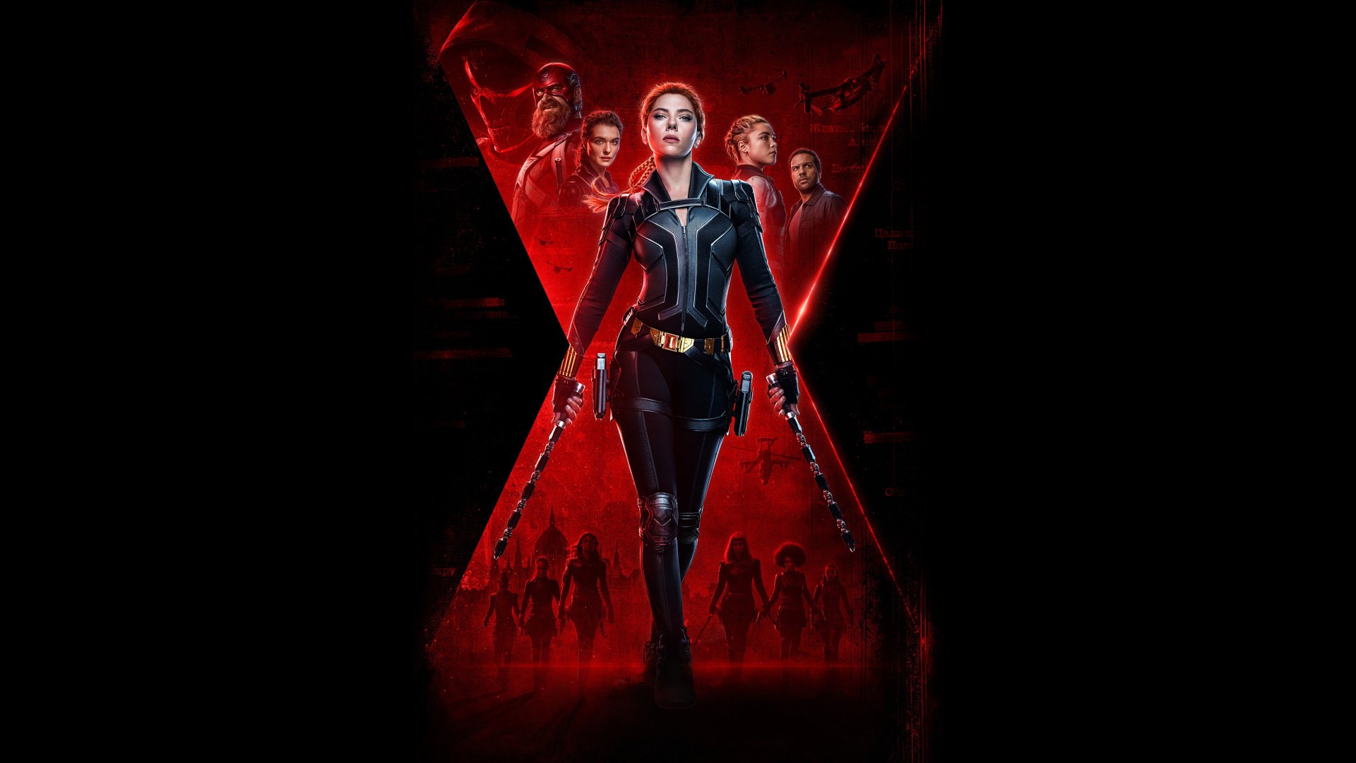 A HD desktop wallpaper featuring Scarlett Johansson as Natasha Romanoff from the movie Black Widow, with Florence Pugh as Yelena Belova and David Harbour as Red Guardian in the background.
