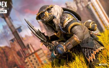 Bloodhound (Apex Legends) crouches on a grassy ledge in detailed armor and mask, blade raised against a ruined city skyline — Apex Legends video game 4K Ultra HD PC desktop wallpaper.