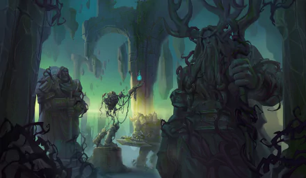 Hearthstone: Heroes of Warcraft video game 2K Quad HD PC wallpaper showing an eerie ruined temple with towering statues, ghostly green light, and a cloaked figure holding a staff.