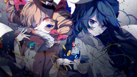 4K Ultra HD PC desktop wallpaper of Touhou anime characters Shion and Joon Yorigami — twin figures in detailed costumes, contrasting blue and warm tones with glowing jewel accents.
