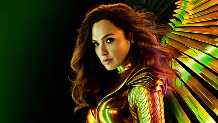 Gal Gadot as Diana Prince in her golden armor with wings from the Wonder Woman 1984 movie, showcased in a vibrant 4K Ultra HD desktop wallpaper.