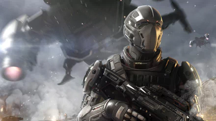 4K Ultra HD Star Citizen PC wallpaper featuring a futuristic armored soldier holding a weapon amid a smoky, intense battlefield scene from the video game.