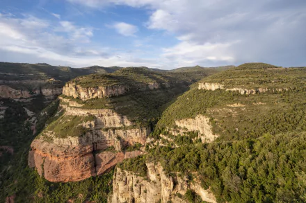 A vibrant 8K Ultra HD nature landscape showcasing rugged cliffs and dense green forests under a partly cloudy sky, designed as a PC desktop wallpaper.