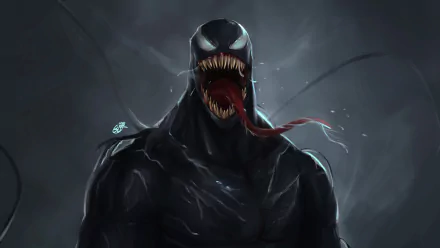 4K Ultra HD PC desktop wallpaper: comic Venom — hulking black symbiote with jagged teeth, long tongue and glossy sinewy torso set against a smoky gray backdrop.