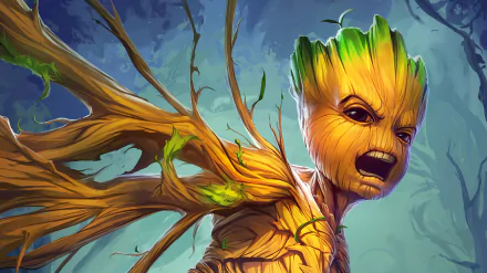 HD PC desktop wallpaper featuring Baby Groot from Guardians of the Galaxy, depicted as a detailed comic-style character with expressive features and vibrant colors.