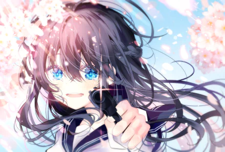Anime character with blue eyes and tears holds a gun, surrounded by cherry blossoms. Background has a pastel blue sky. HD desktop wallpaper.