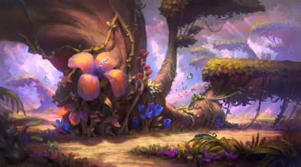 2K Quad HD PC desktop wallpaper/background: whimsical fantasy forest with a colossal gnarled tree, oversized glowing mushrooms, mossy floating platforms and a vibrant purple-pink sky.