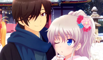 HD anime wallpaper featuring Nao Tomori and Yū Otosaka from Charlotte, set against a detailed snowy temple background.