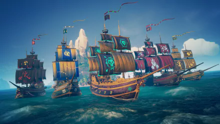 Sea of Thieves video game pirate ships fleet with colorful sails and flags sailing across teal seas — 4K Ultra HD PC desktop wallpaper