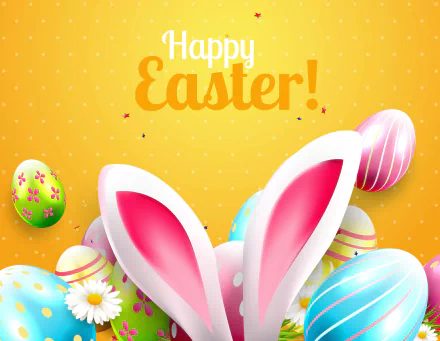 4K Ultra HD desktop wallpaper featuring colorful Easter eggs, bunny ears, and Happy Easter! text on a bright yellow background celebrating the holiday.