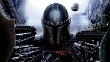 HD wallpaper featuring The Mandalorian from Star Wars, showcasing the character amid an array of weapons, set against a futuristic backdrop from the TV show, The Mandalorian.