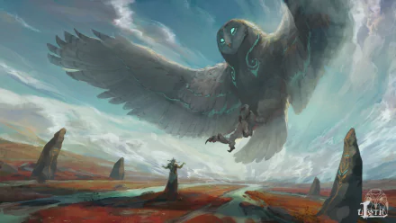 A fantasy HD PC wallpaper featuring a shaman-like figure standing beneath a large, glowing-eyed owl with expansive wings soaring through a cloudy sky.