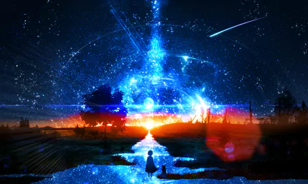 Anime original 2K Quad HD PC desktop wallpaper: anime cat silhouette by reflective water beneath a vivid sunset-to-night sky of luminous blue light, stars, a comet and a shooting star.