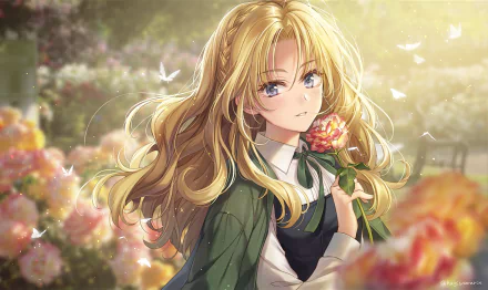 HD anime desktop wallpaper featuring an original character with long, flowing blonde hair holding a rose in a softly lit, flower-filled garden.