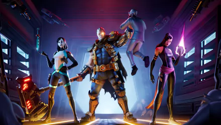 4K Ultra HD PC wallpaper of a Fortnite crossover: Cable center flanked by Domino and Psylocke in a neon-lit futuristic corridor, video game action poses, high-res desktop background.