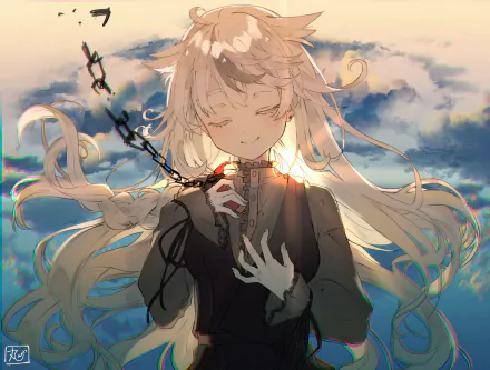 Anime-style HD desktop wallpaper featuring an original character with long flowing hair, softly illuminated against a cloudy sky background.