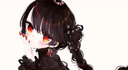 Anime original: close-up of a pale girl with braided black hair, vivid red eyes, black lace dress and a cherry earring — HD PC desktop wallpaper.