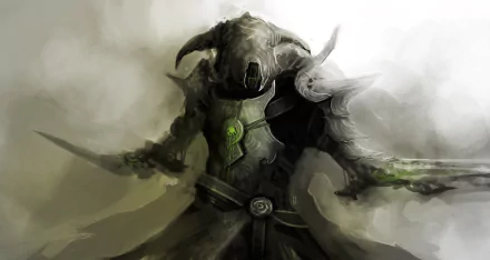 HD PC desktop wallpaper of a fantasy warrior in horned armor, wielding dual glowing swords and a green chest sigil, standing amid swirling mist.