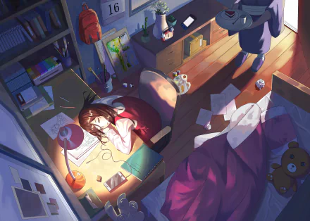 HD desktop wallpaper of an anime-inspired room. It features a lofi theme with a character studying at a desk, surrounded by books and papers, with a cozy bed and soft lighting enhancing the tranquil atmosphere.