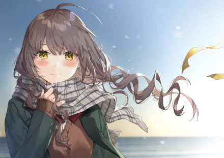 Anime girl with yellow eyes and flowing brown hair, wearing a scarf, tears in her eyes against a soft, bright background—HD PC desktop wallpaper.