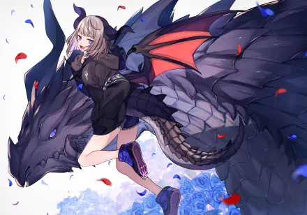 Anime original HD PC wallpaper: horned young woman in dark clothes reclining on a massive black dragon with red wing membranes, blue roses and drifting red and blue petals.