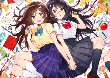 HD anime desktop wallpaper featuring two cheerful anime girls in school uniforms holding hands, surrounded by colorful stationery and sweets.